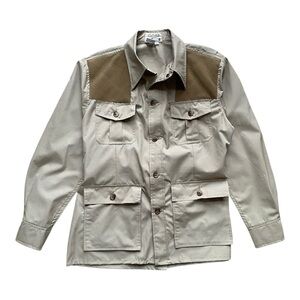 Cabelas Vintage Safari Shooting Jacket Men L Khaki Beige Shoulder Pads Button Up